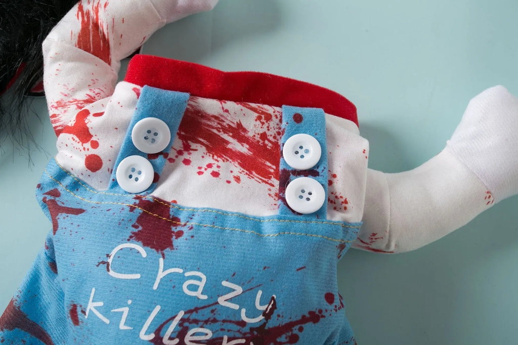 Halloween Bloody Doll pet costume for dogs and cats, polyester pet clothing in sizes S, M, L, and XL