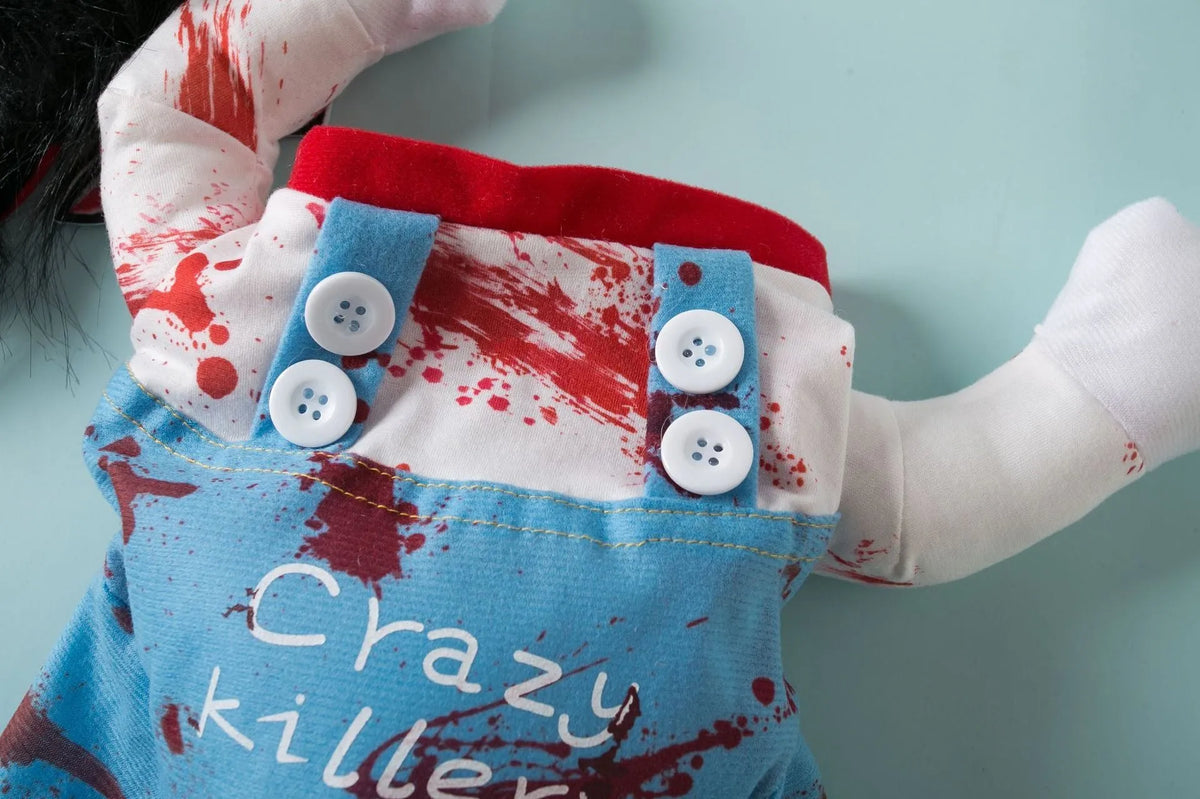 Halloween Bloody Doll pet costume for dogs and cats, polyester pet clothing in sizes S, M, L, and XL