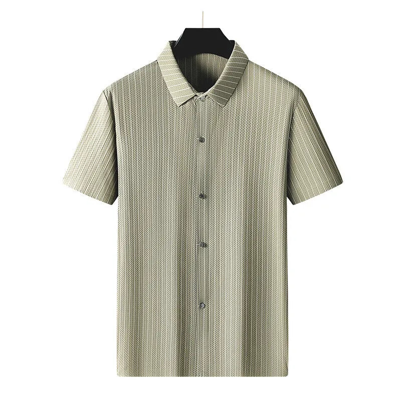A man wearing a black plus size loose fit striped casual shirt with a square collar.