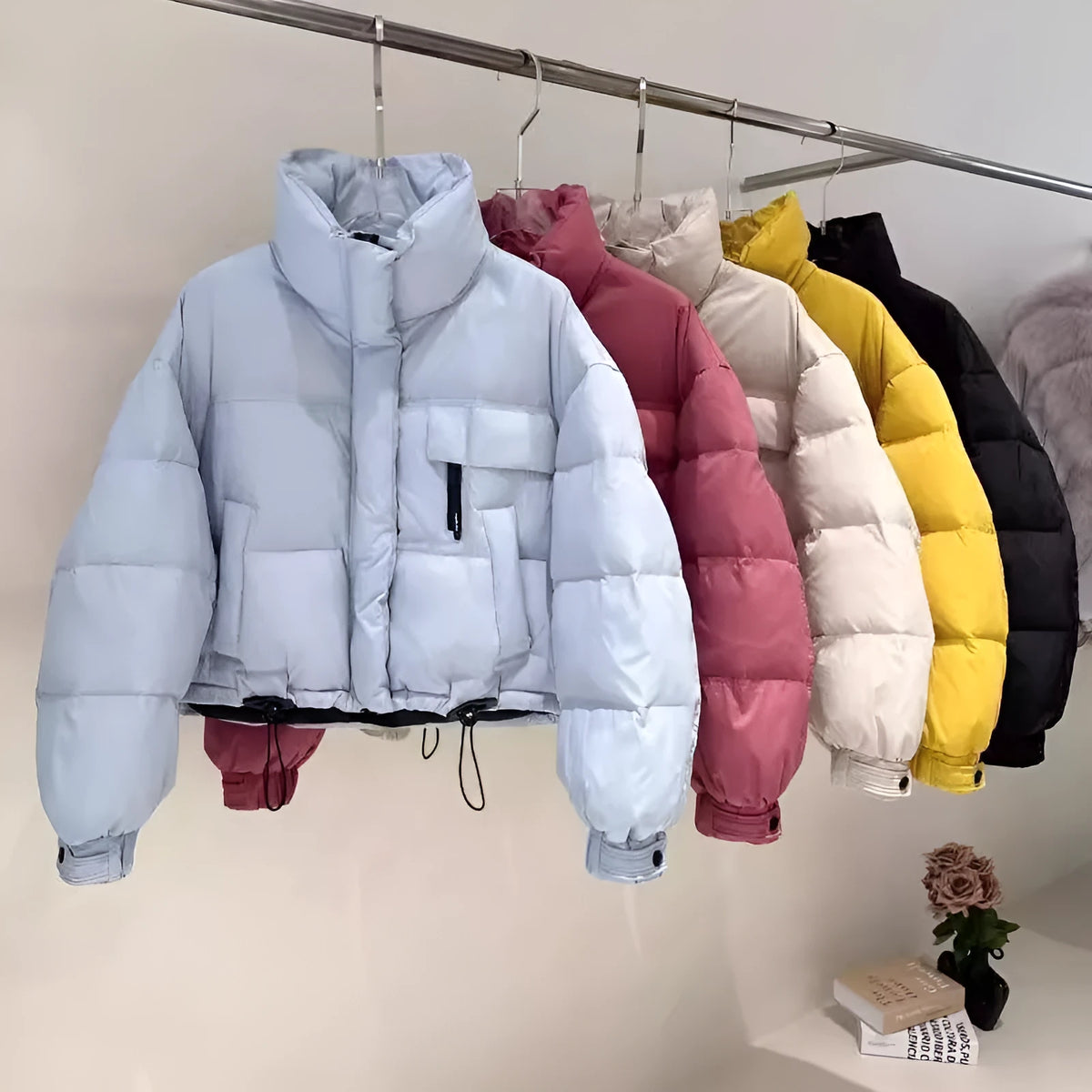 Korean-style stand collar short puffer jacket in solid colour with pleats and princess sleeves, available in yellow, black, raspberry red, and blue