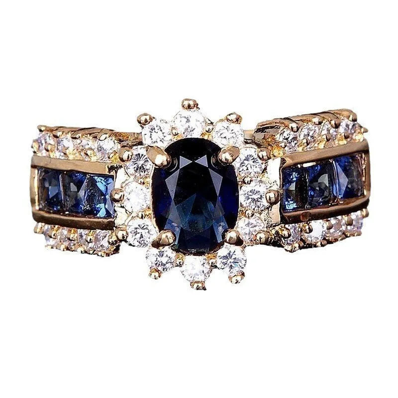 Personalised zinc alloy fashion ring with diamond or blue and purple zircon stone detailing.