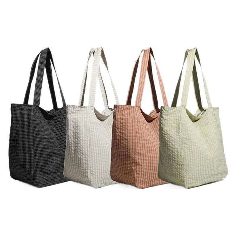 Polyester striped seersucker women's shoulder bag in soft horizontal square shape with three-dimensional pocket