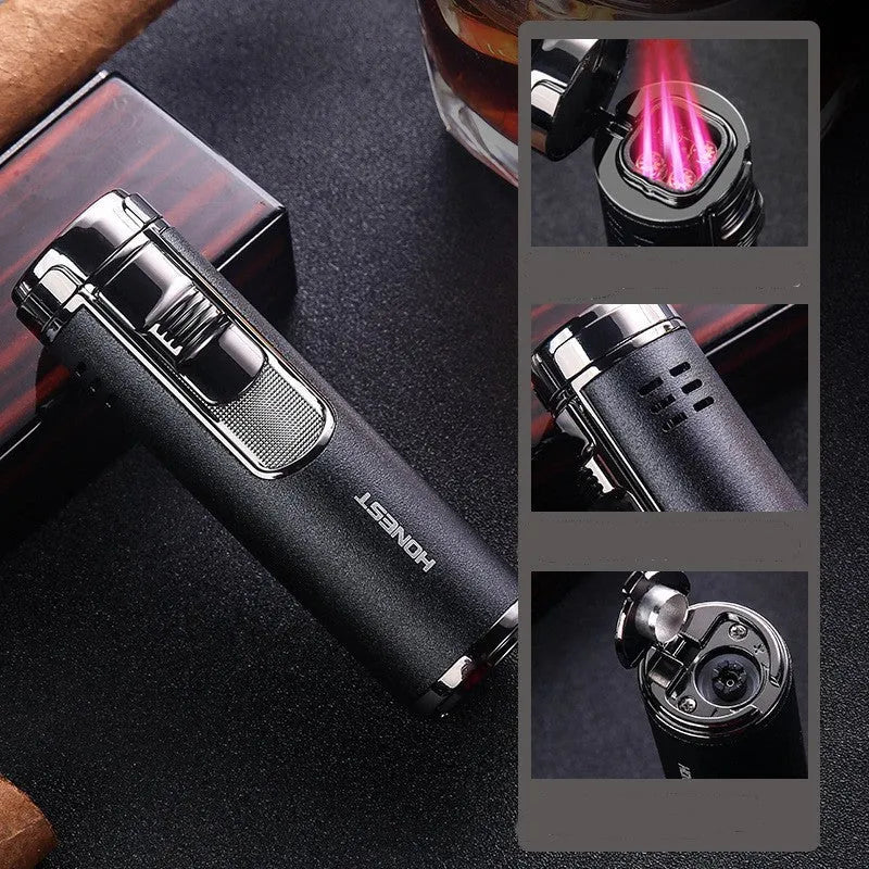 Cylindrical zinc alloy refillable cigar lighter with four-straight flame in silver colour
