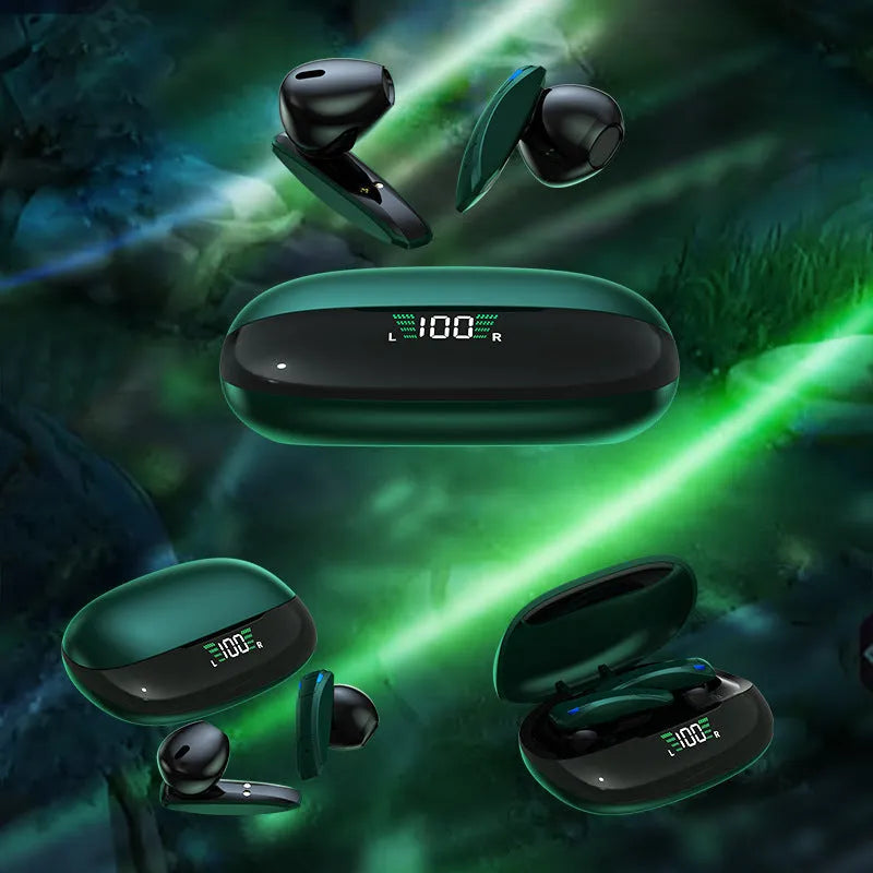 Y2 Green wireless Bluetooth headset with charging case showing low latency gaming earphones