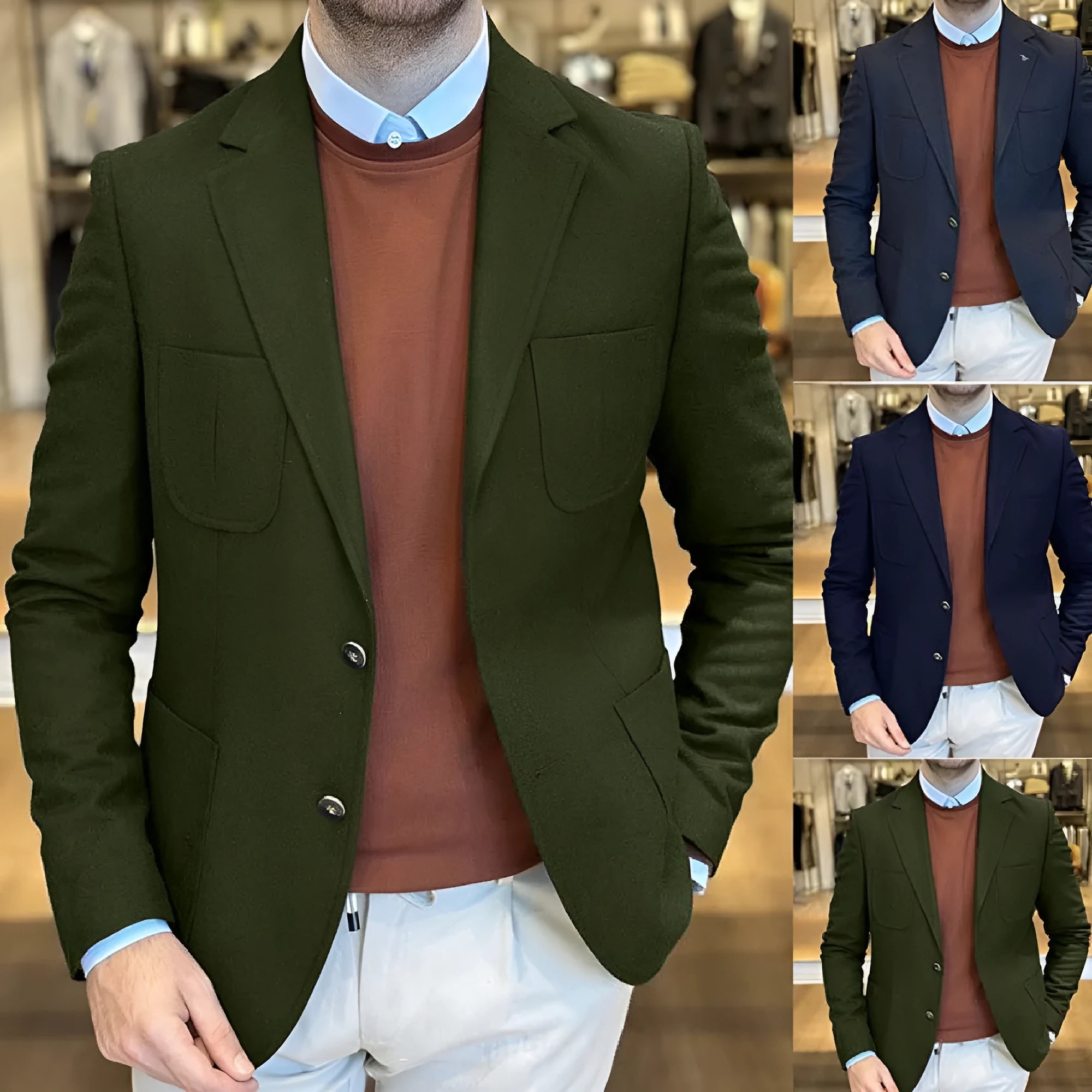 Men's loose fit cotton suit jacket in army green colour, showing tailored retro style on a hanger.
