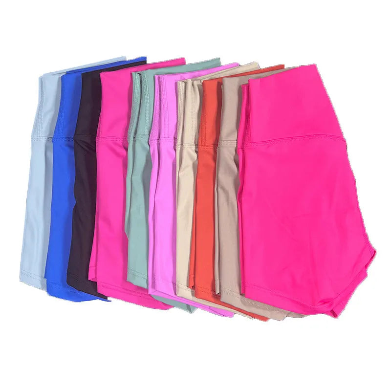 High-waisted nylon yoga shorts for women in various colours, suitable for running and cycling.