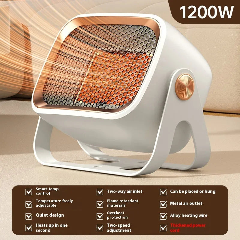 Compact white desktop ceramic fan heater showing control buttons and rotatable base.
