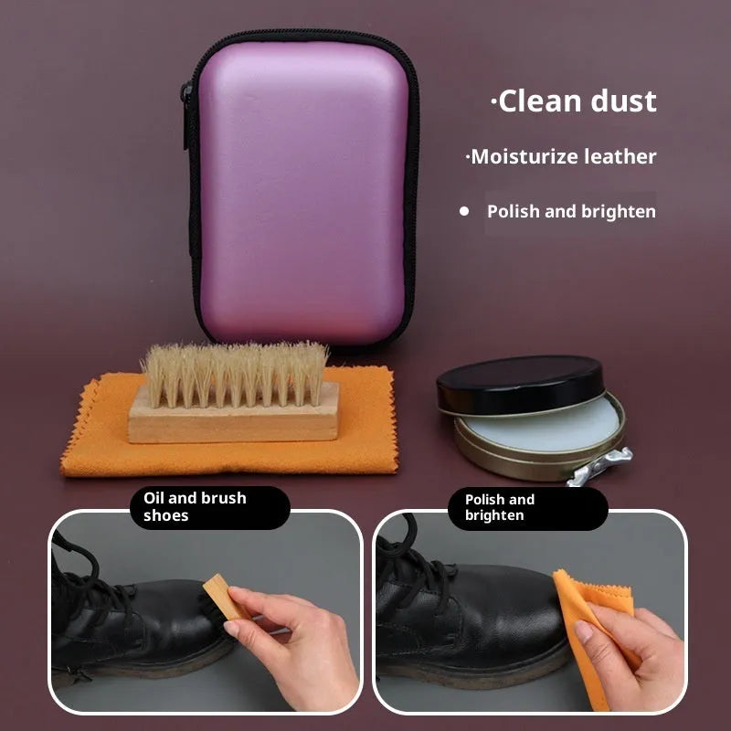 Shoe care maintenance set with leather oil, shoe brush, and cleaning cloth in black bag