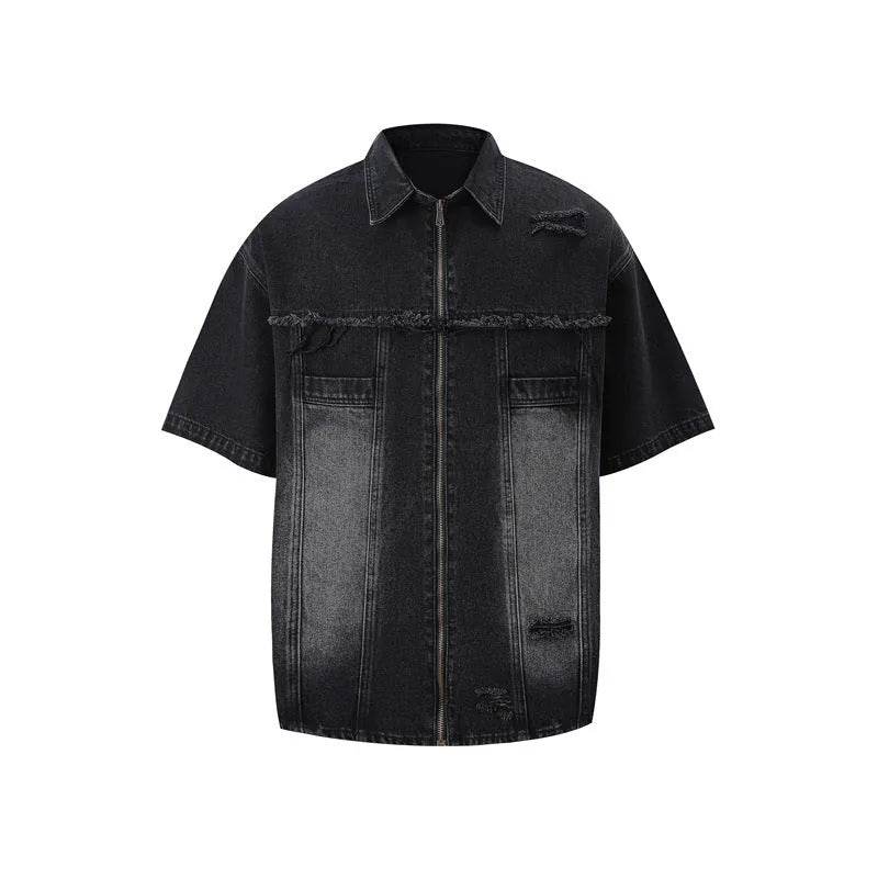 Denim two piece set with short sleeve top and full length trousers in black, blue or yellow mud