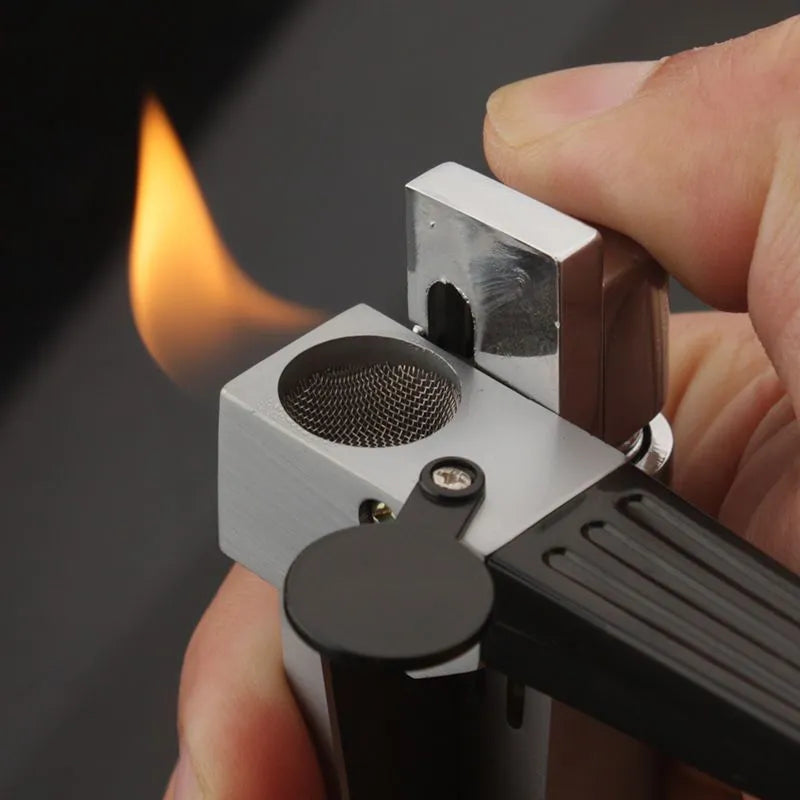 Silver foldable metal pipe lighter showing open flame and stash compartment.