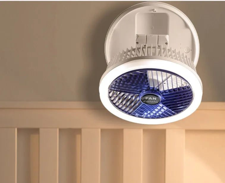 Blue foldable USB charging fan with LED light showing desk and wall mounting options