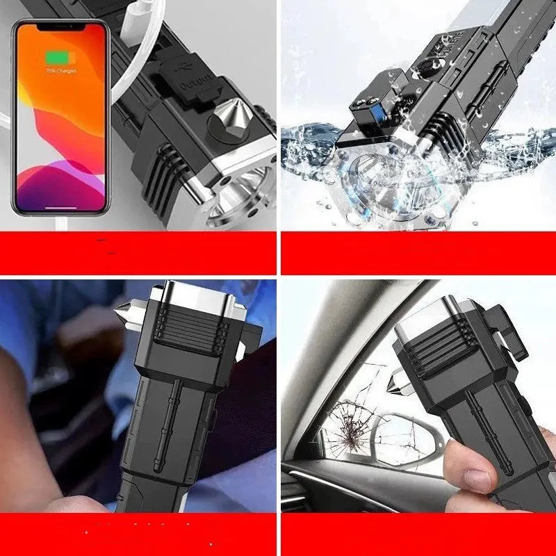 Silver coloured portable LED flashlight with plastic shell, shown as a power bank for emergency and outdoor use.