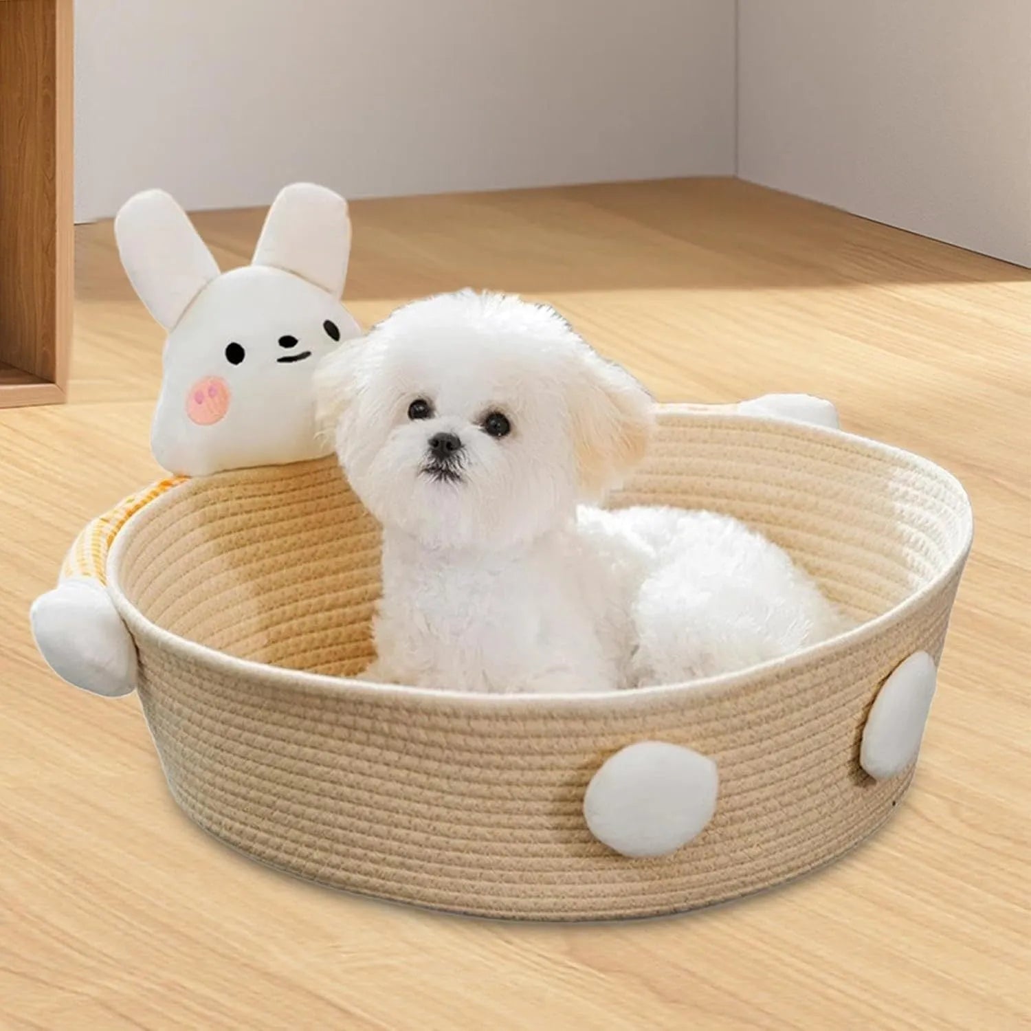 Woven cotton rope cat bed and scratching post in bear design, showing basket shape.