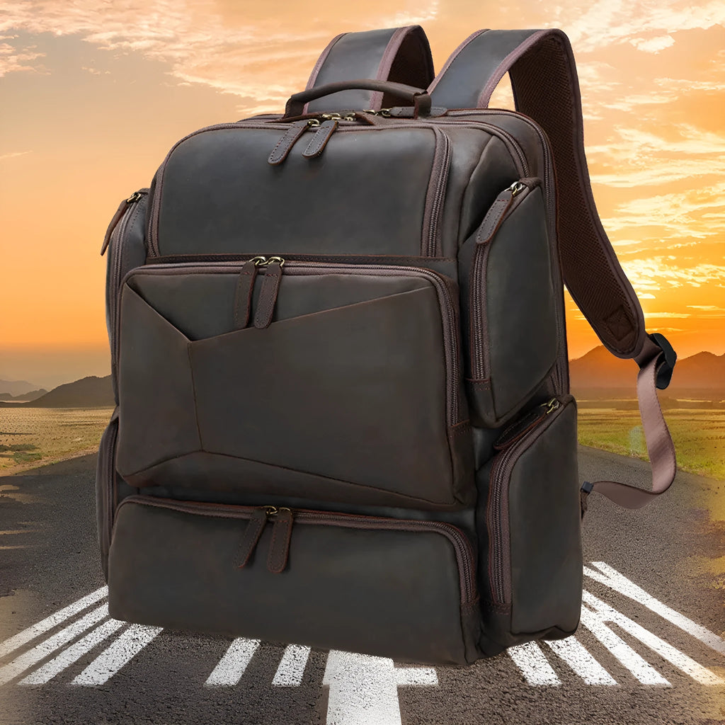 Dark brown genuine leather backpack for men with 17-inch laptop compartment and multiple internal organisers