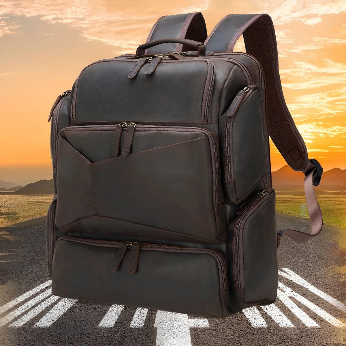 Dark brown genuine leather backpack for men with 17-inch laptop compartment and multiple internal organisers
