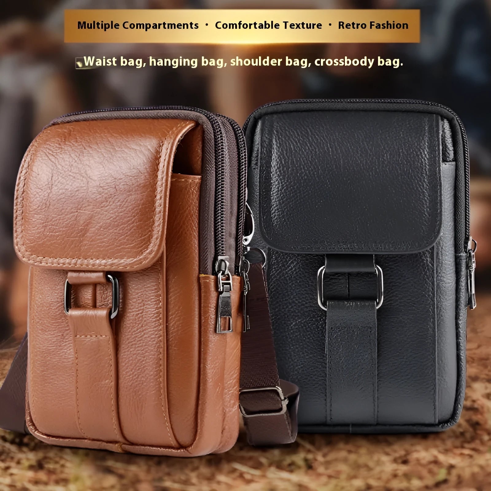 Men's black genuine leather crossbody waist bag with lock detail and vertical square shape