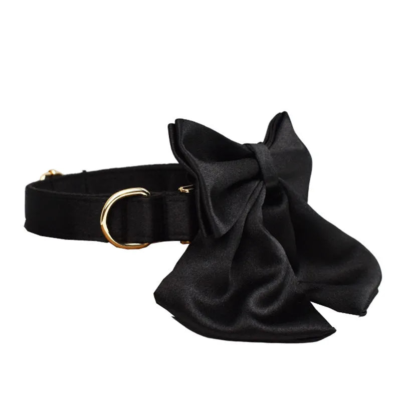Complete dog walking set with cloth collar, leash, chest harness and bow tie accessory in multiple sizes