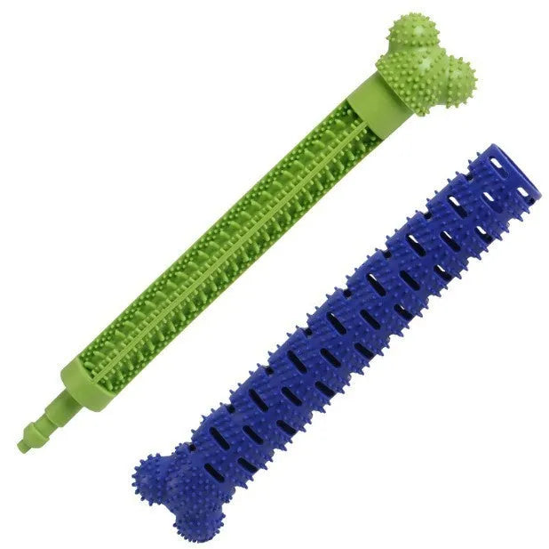 Blue-green silicone dog dental chew toy with serrated brush head and gum massage nodules