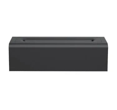 Square black USB aroma diffuser with colourful simulated flame light on a wooden table.