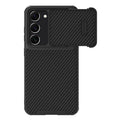 Black Samsung S23 phone case with lens cover, made from TPU, PC and carbon fibre.