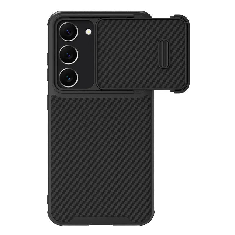 Black Samsung S23 phone case with lens cover, made from TPU, PC and carbon fibre.