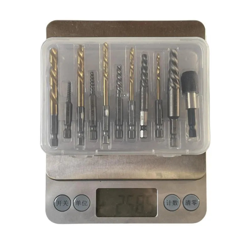 Silver 12-piece hexagonal handle screw extractor set on grey background