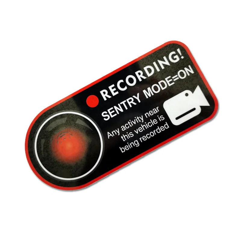 Tesla Sentry Mode warning stickers measuring 11x5 cm with electrostatic adhesive backing