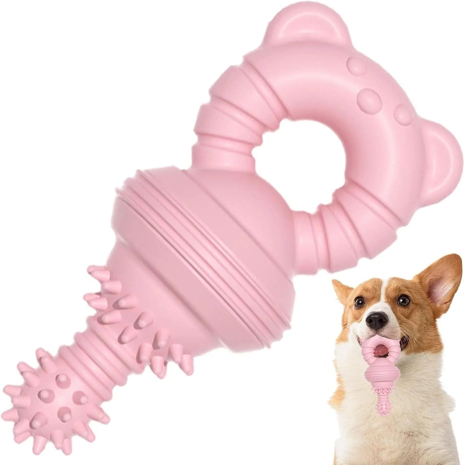 Blue rubber dog chew toy with textured surface and bell for teeth cleaning