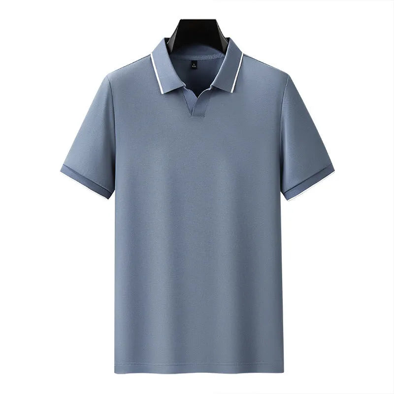 Cotton blend short sleeve polo shirt with a pearl cotton lapel collar in a selection of solid colours.