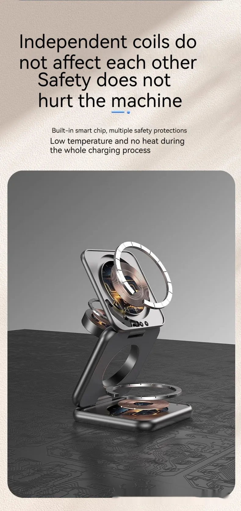 White foldable magnetic wireless charging phone holder on a desk