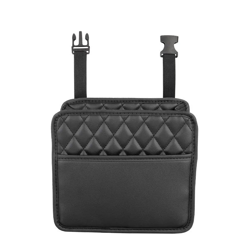 Leather car interior hanging storage bag organiser in black, pink, green, or white colours