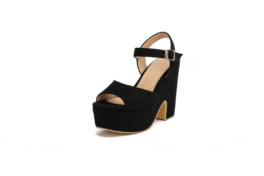 Black suede women's platform sandals with ankle straps and open toe design