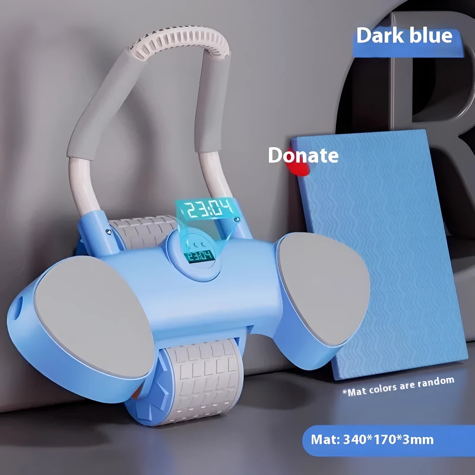 Blue abdominal exercise wheel with elbow supports on a grey floor.