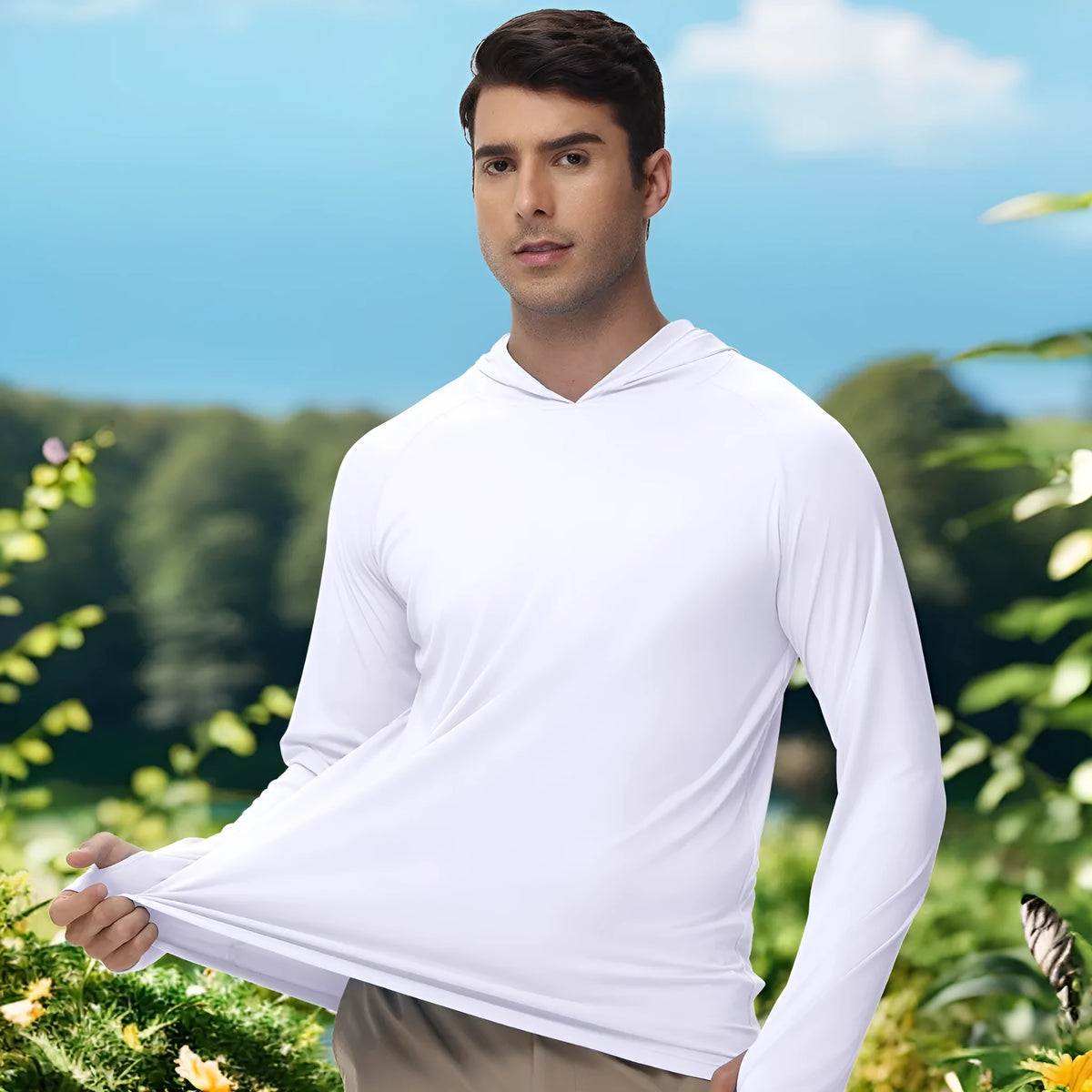 Long sleeve hooded outdoor top for UV protection during fishing and hiking, shown in a solid colour.