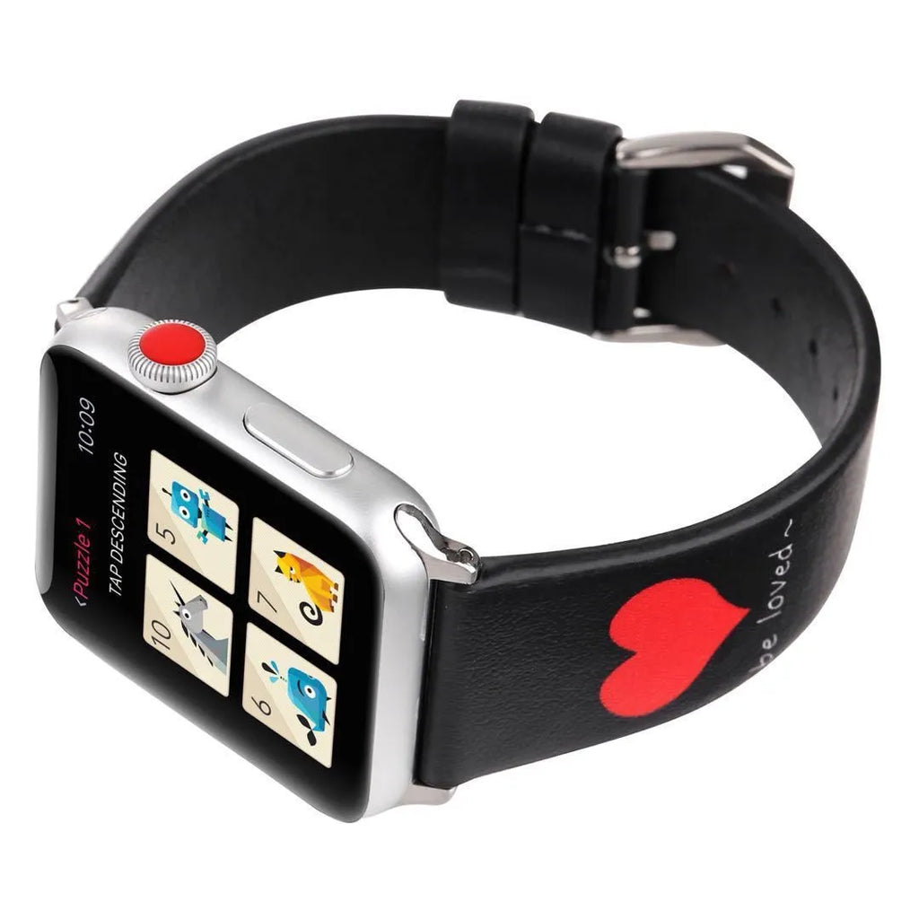 Leather watch strap with red heart on black ground, shown in 38mm, 42mm and 44mm sizes.