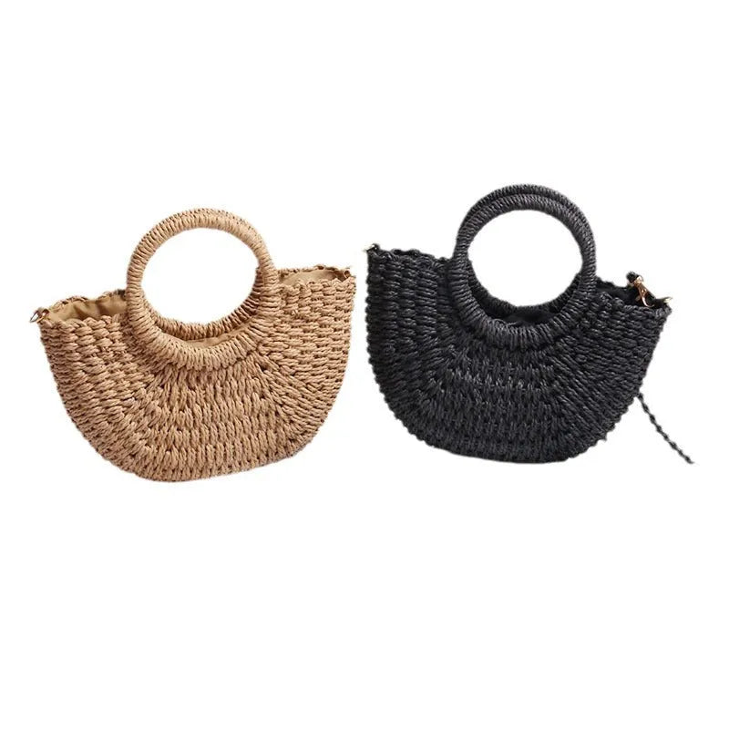 Seaside vacation beach mini straw bag in white with woven texture and open pocket design