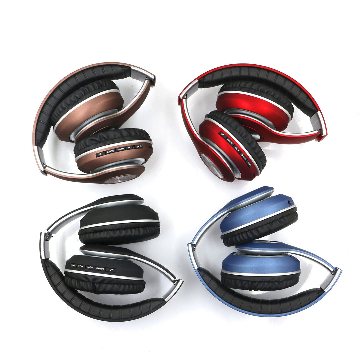 Folding wireless stereo headphones in black with head-mounted design and USB cable