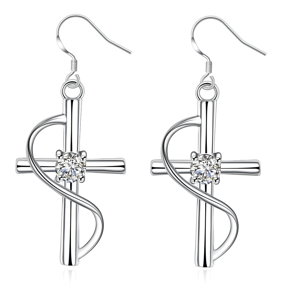 White elongated cross earrings, gold-plated metal women's drop earrings sold by pair