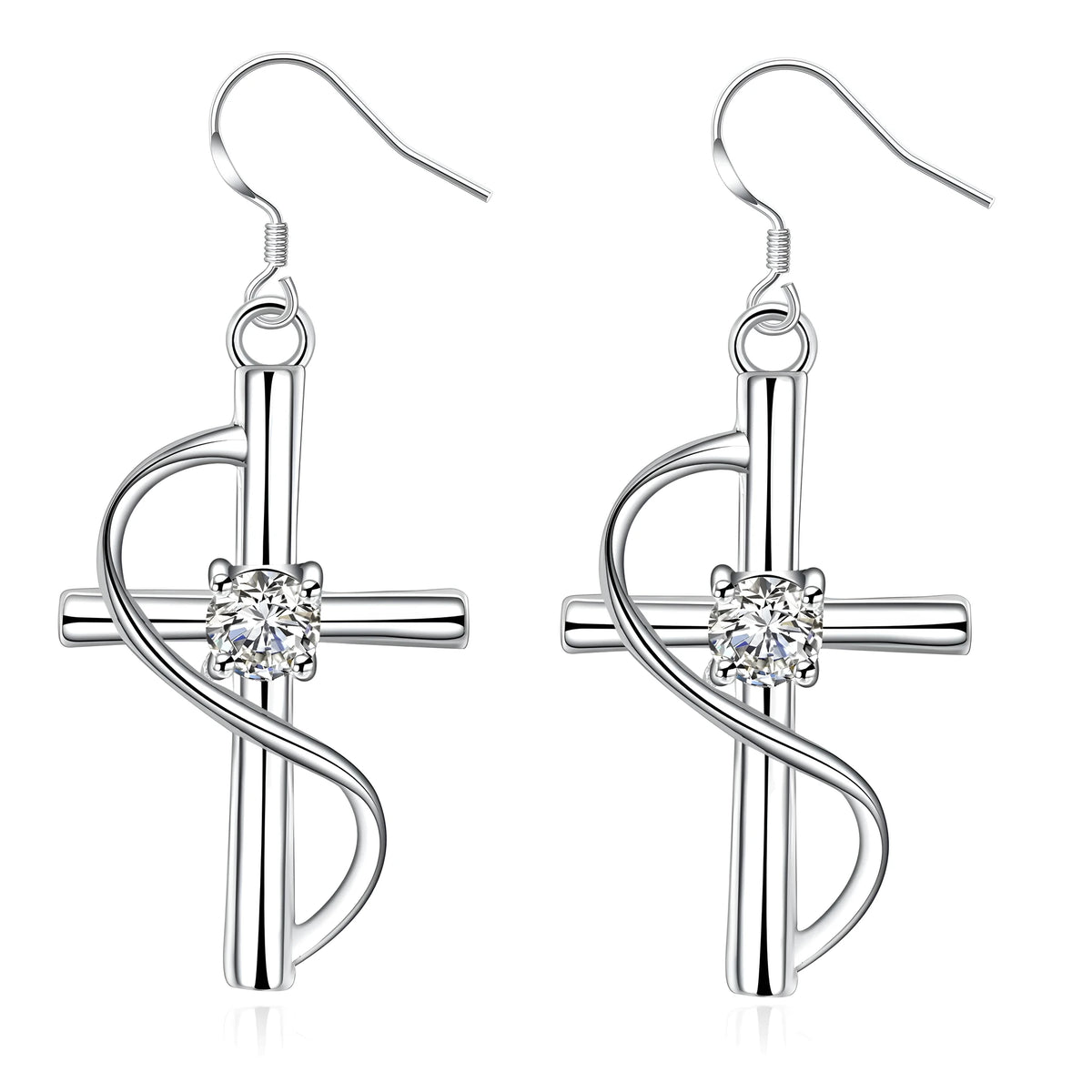 White elongated cross earrings, gold-plated metal women's drop earrings sold by pair