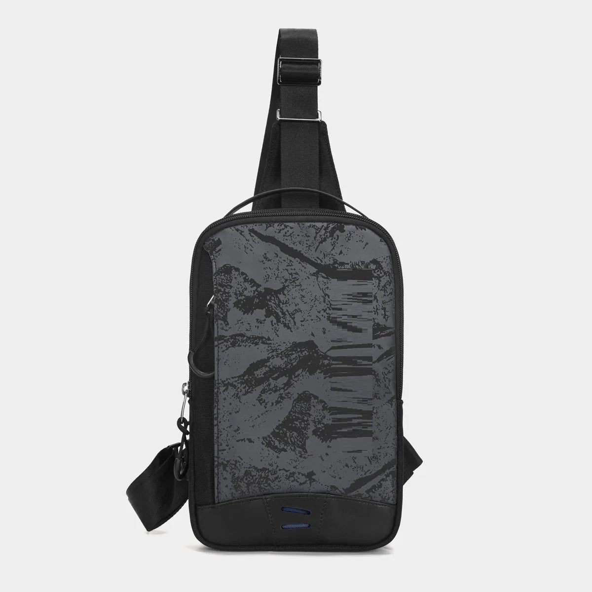 Black camouflage chest bag with single shoulder strap showing waterproof TPU construction and mobile phone compartment