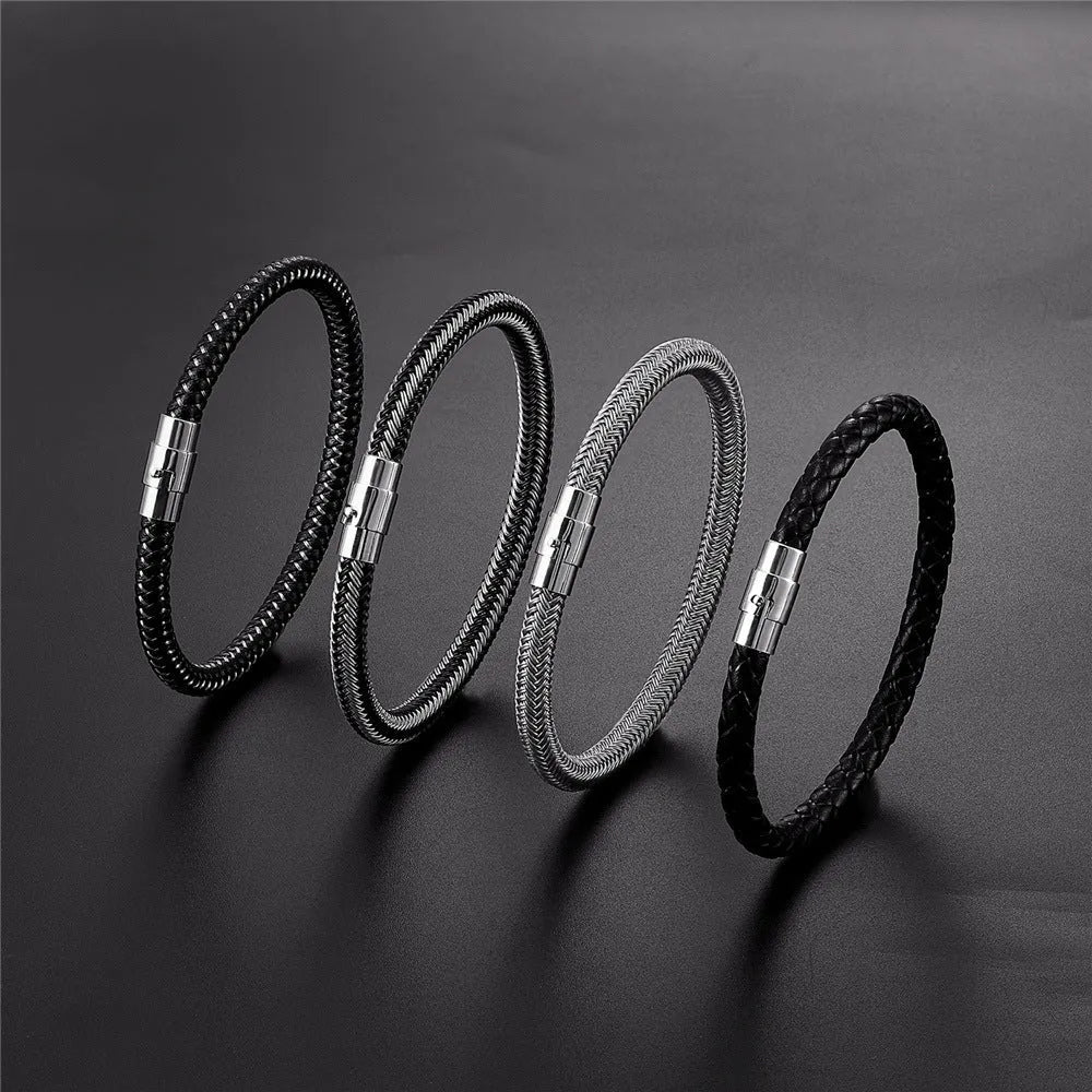 Geometric titanium steel men's bracelet with a magnet socket for charms, shown in a silver finish.