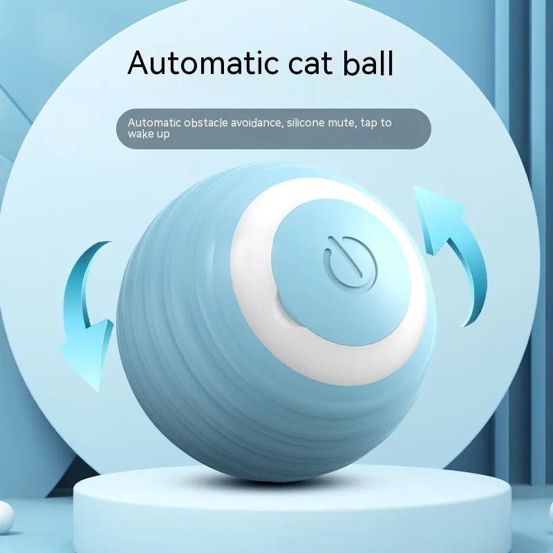 Blue automatic moving cat toy ball with self-bouncing technology on indoor floor