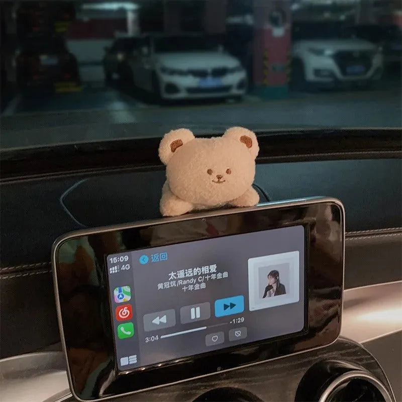 Cute cartoon plush car centre console decoration in fabric with bear or rabbit screen doll option