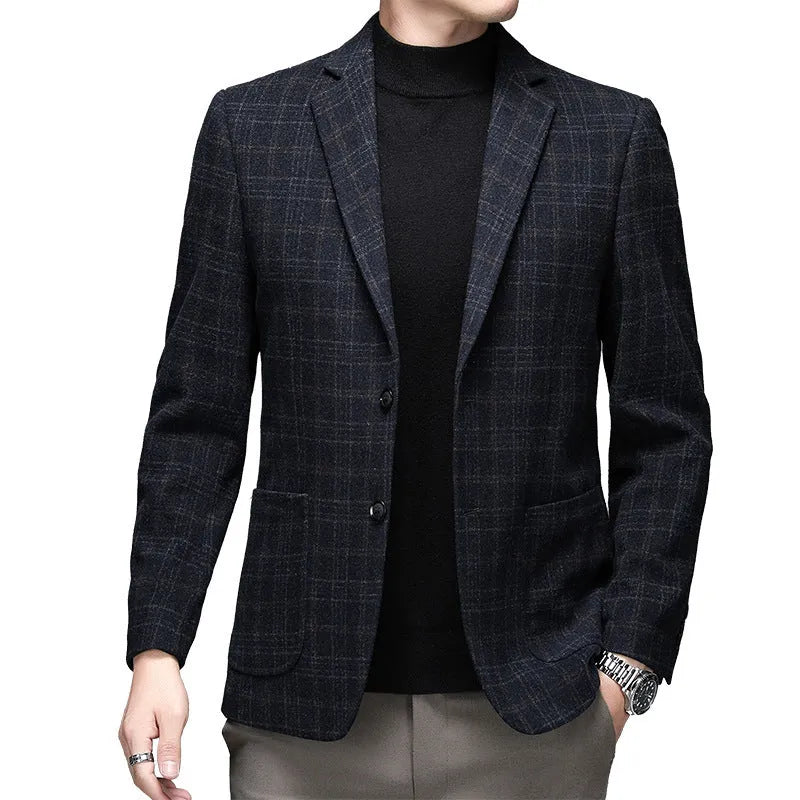 Men's casual woolen suit jacket in solid colour with loose fit and long sleeves