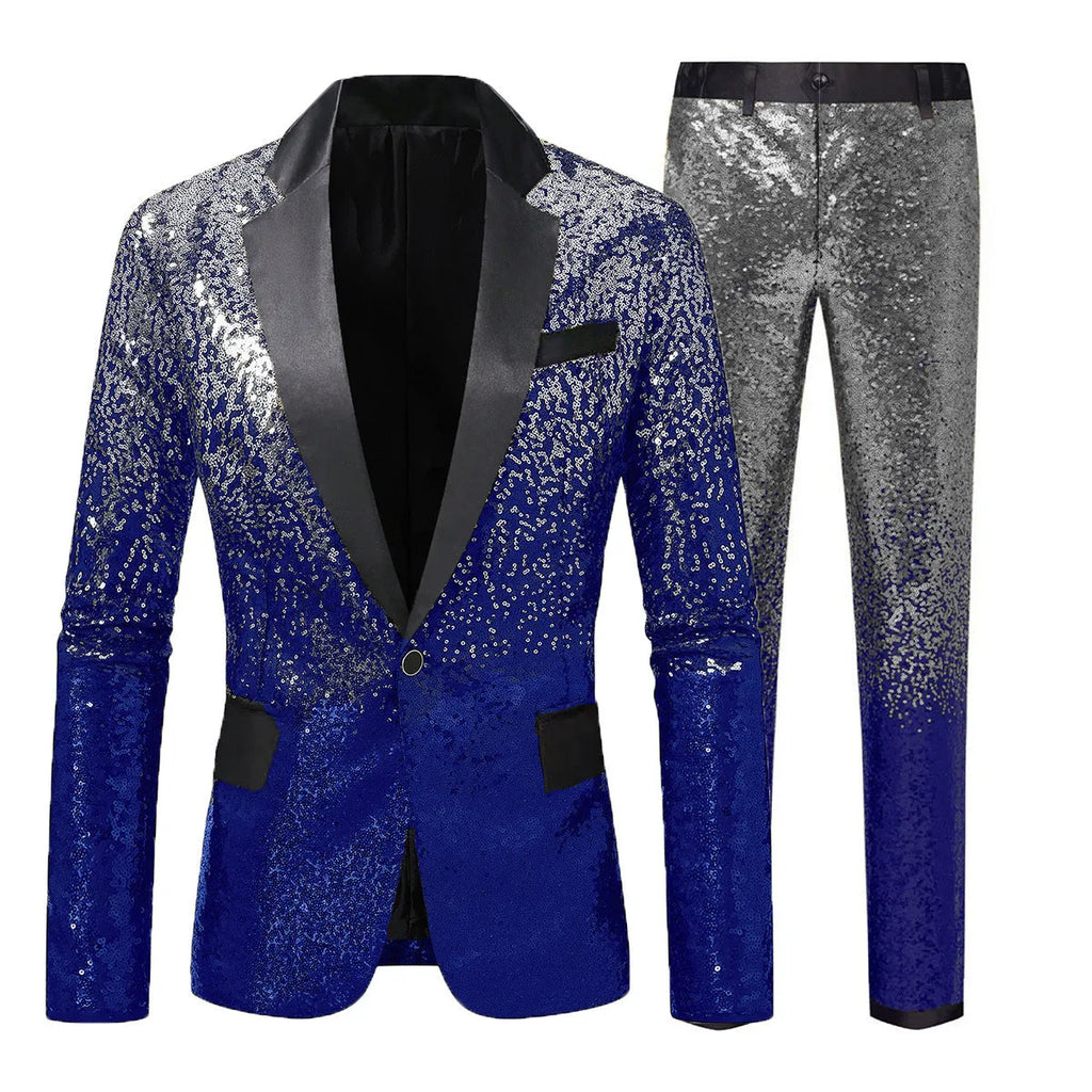 Men's gradient sequin suit set in slim fit polyester, coat and trousers, available in multiple colours