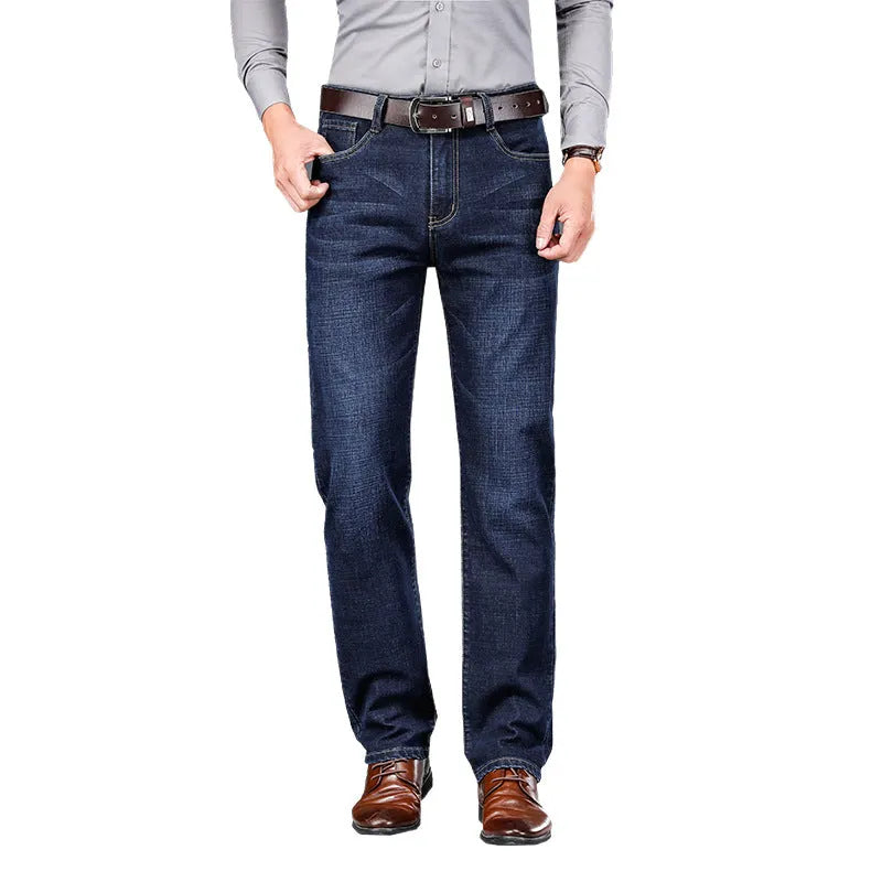 Men's straight loose elastic denim business trousers in dark blue colour, mid-waist straight-leg style on white background