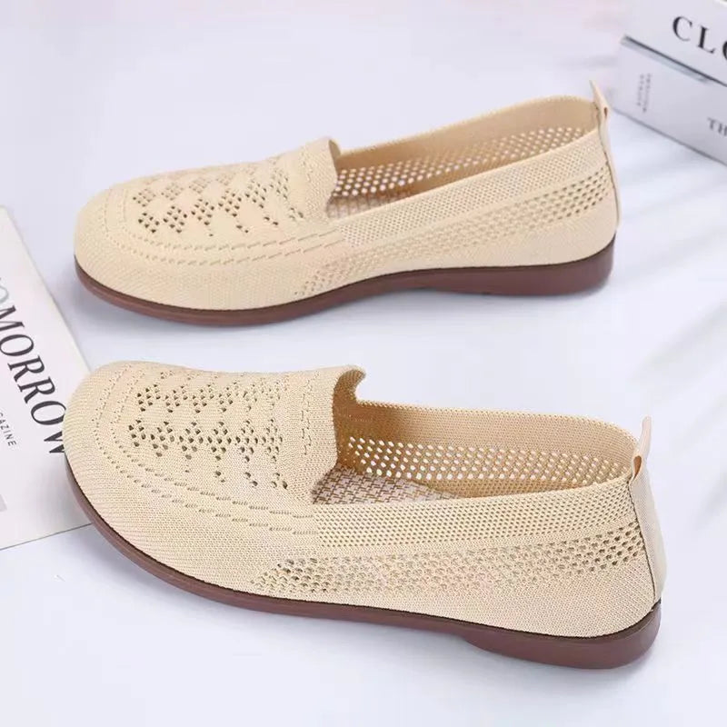 Beige casual tennis shoes for elderly women with mesh upper, antiskid sole, and Flyknit lining for wide feet summer wear