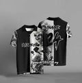 Black loose fit t-shirt with 3D digital printing design and short sleeves
