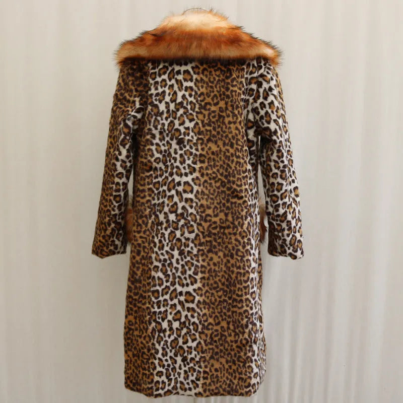 Women's long leopard print artificial fur jacket with a relaxed fit and regular sleeves.