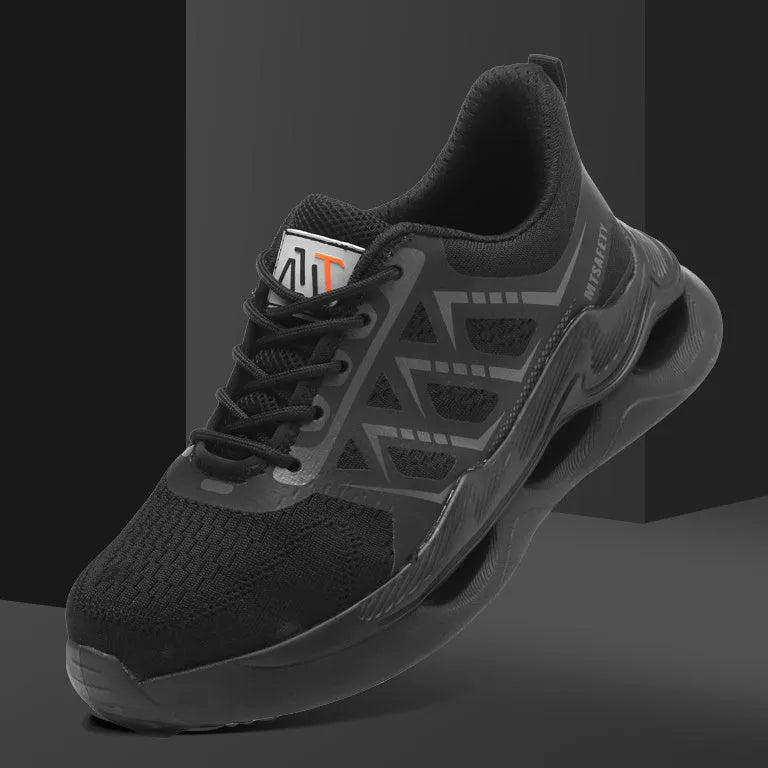 Black steel toe safety shoes with flat knit upper fabric and lace-up closure